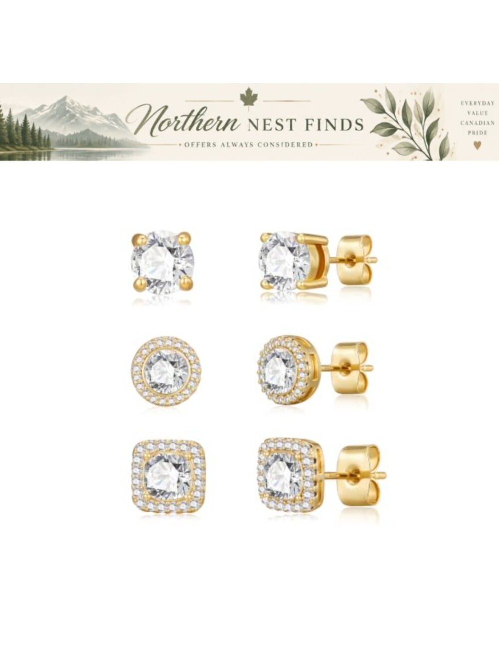 14K Gold Plated Stud Earrings Sterling Silver Post Cubic Zirconia Pearl Halo Set